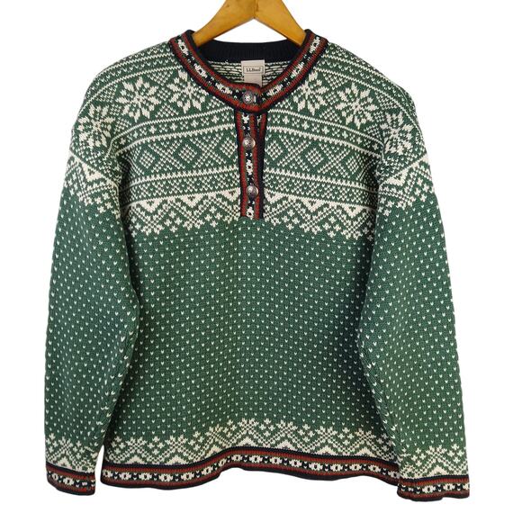 L. L. Bean VTG SZ M Cotton Nordic Fair Isle Snowflake/Heart Henley Sweater - Picture 2 of 6